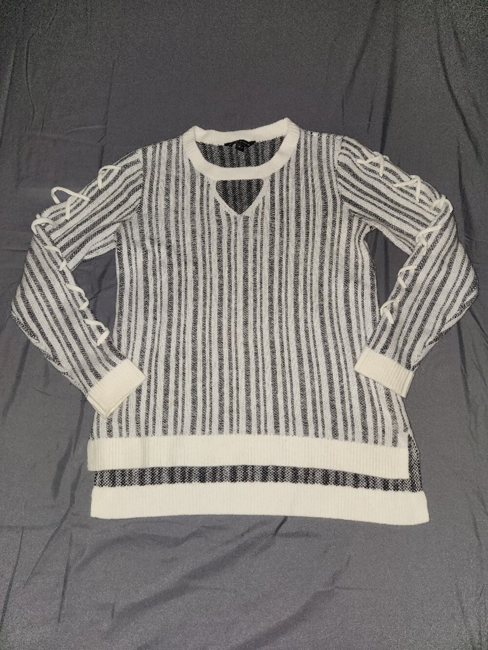 Rock & Republic Womens S Striped Keyhole Sweater Lace Up Sleeves High Low Tunic